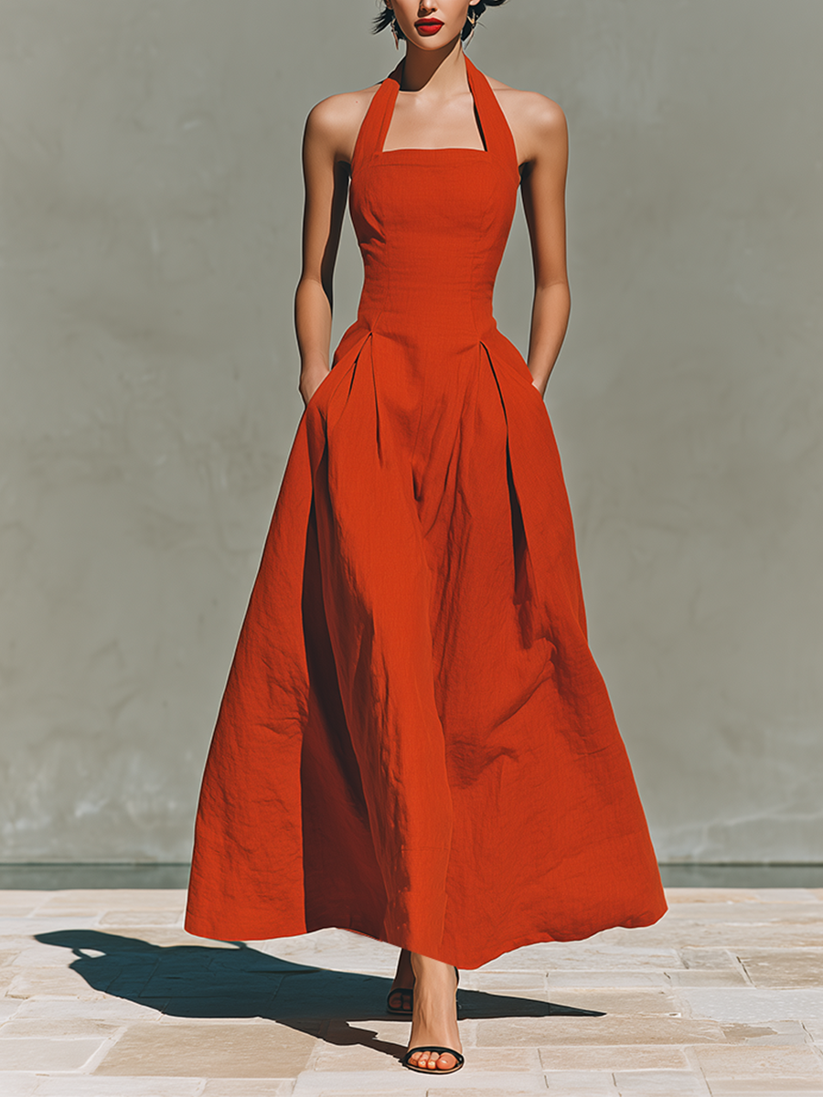 Duttini | Red Linen Halter Neck Casual Dress