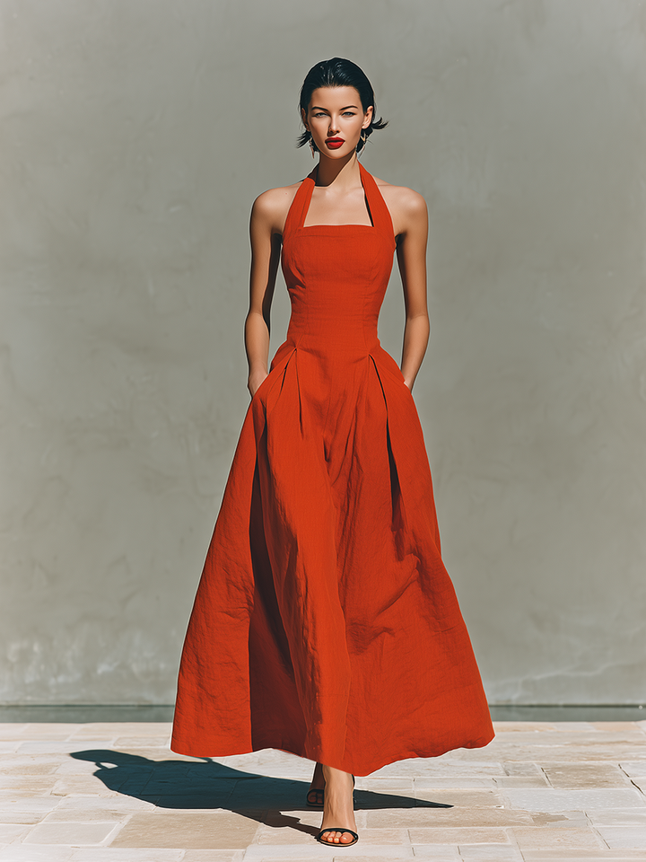 Duttini | Red Linen Halter Neck Casual Dress