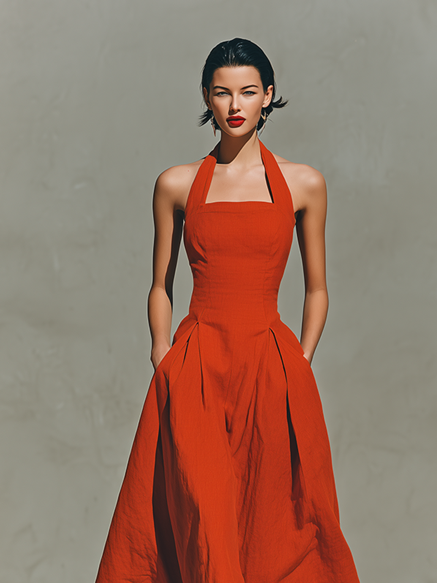 Duttini | Red Linen Halter Neck Casual Dress