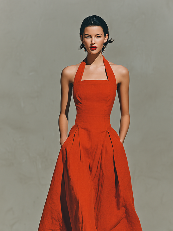 Duttini | Red Linen Halter Neck Casual Dress