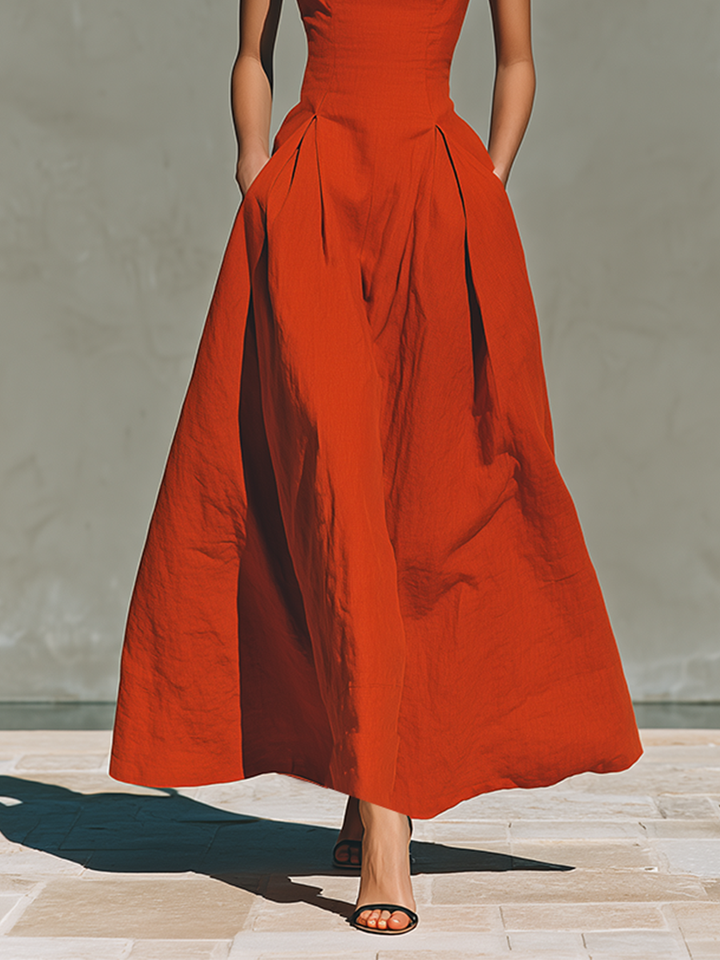 Duttini | Red Linen Halter Neck Casual Dress
