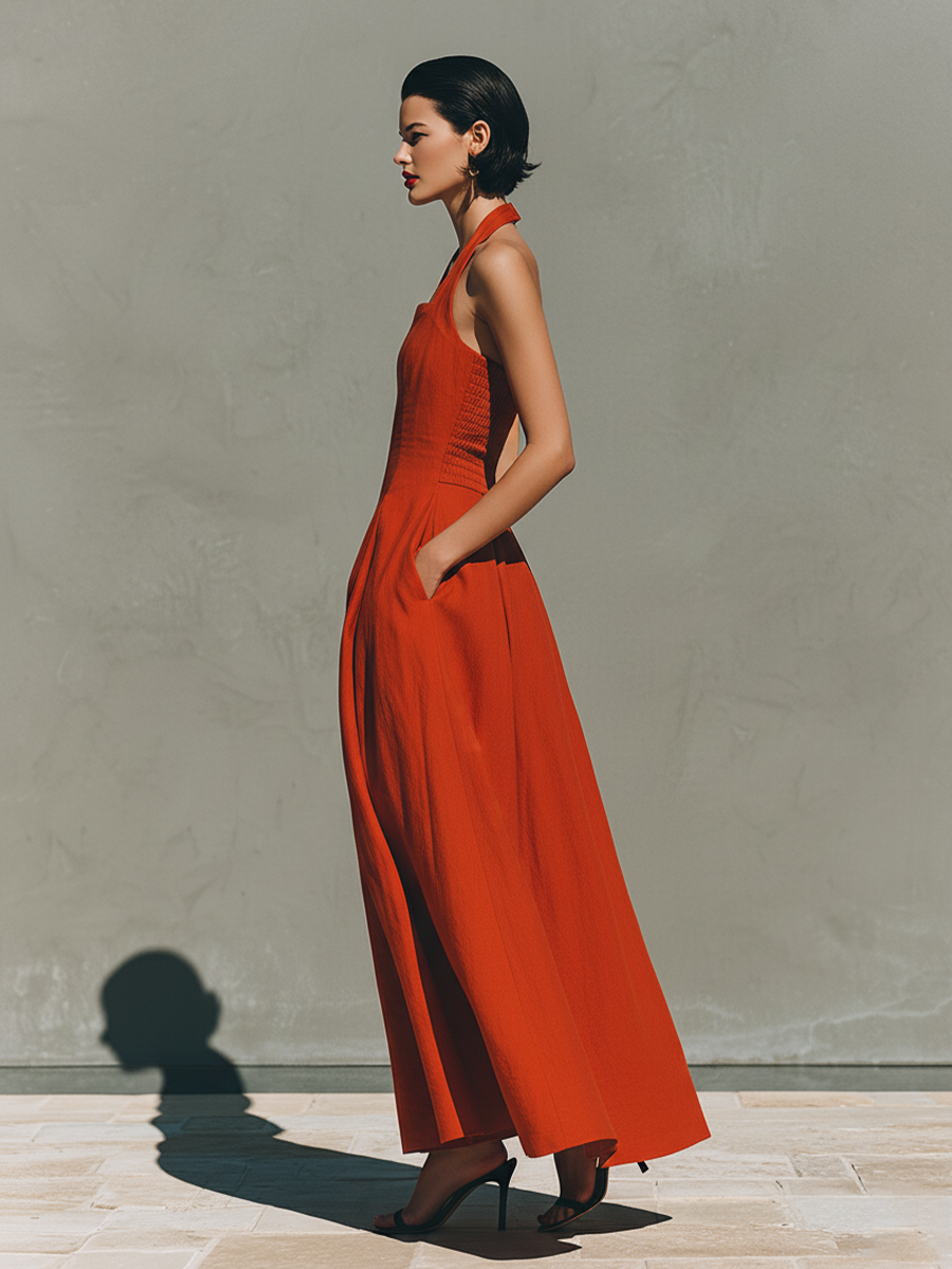 Duttini | Red Linen Halter Neck Casual Dress