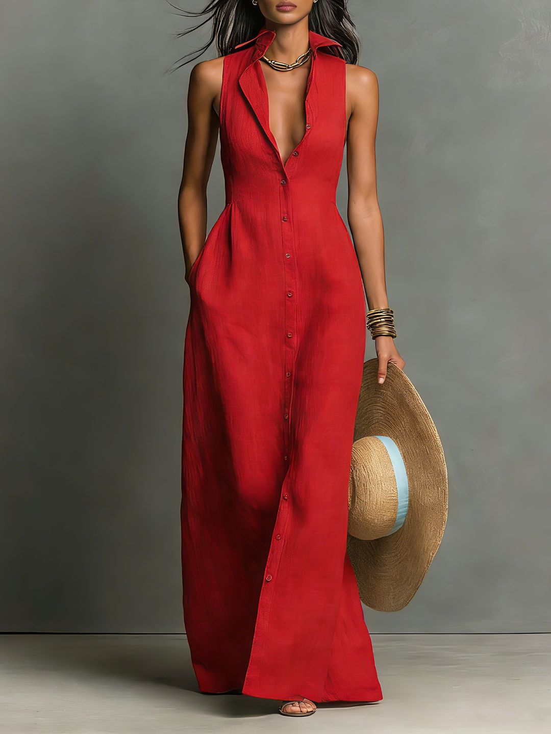 Duttini | Red Linen Sleeveless Dress