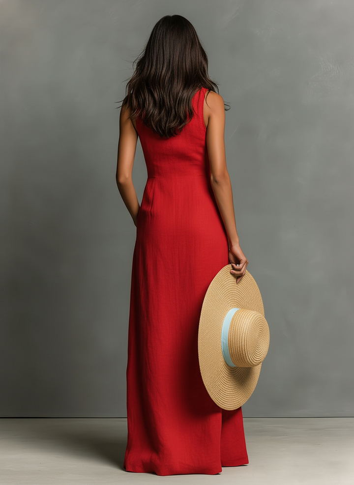 Duttini | Red Linen Sleeveless Dress