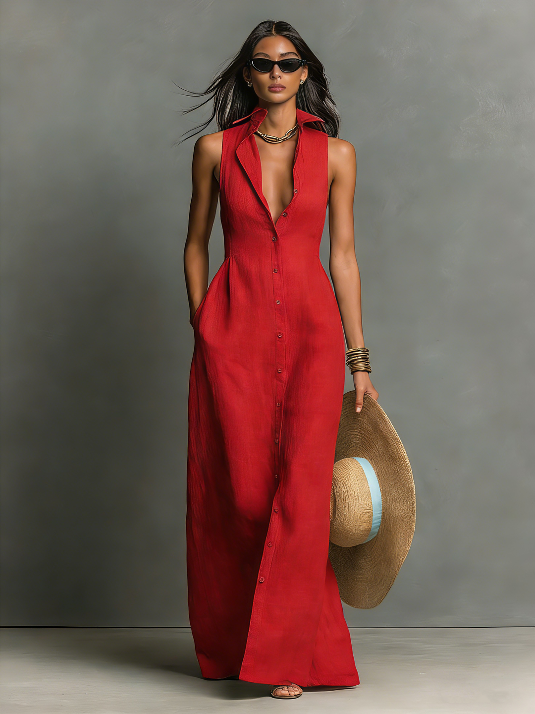 Duttini | Red Linen Sleeveless Dress