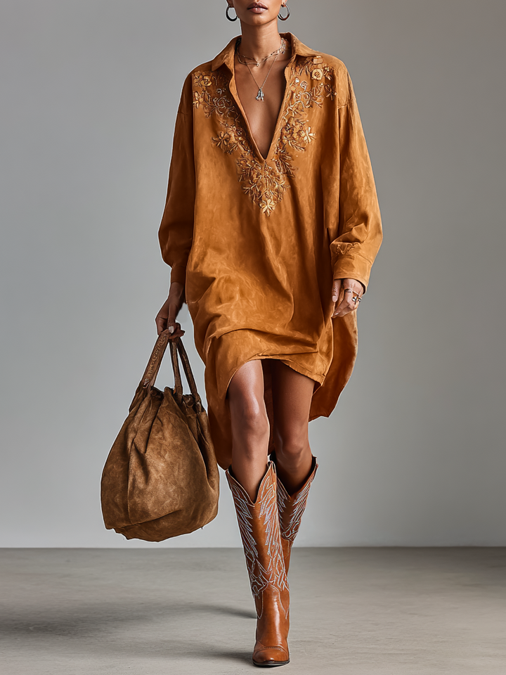 Duttini | Red Suede V-Neck Dress