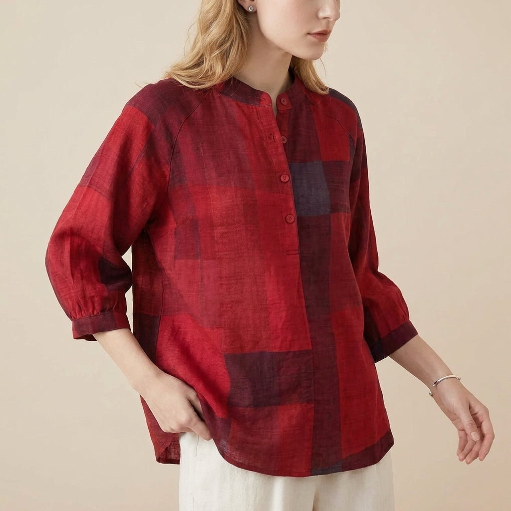 Duttini | Luxe Relaxed Lantern Sleeve Blouse With Mandarin Collar And Curved Hem