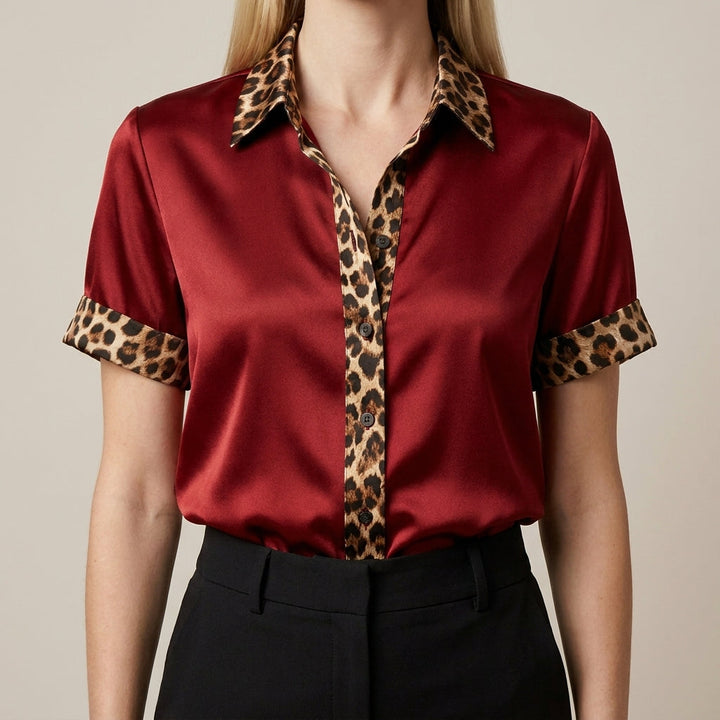 Duttini | Sculpted Leopard Trim Satin Button-Front Statement Blouse