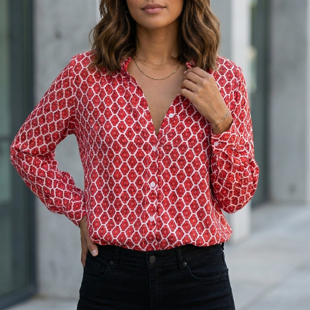 Duttini | Romantic Relaxed V-Neck Geometric Printed Long-Sleeve Woven Blouse