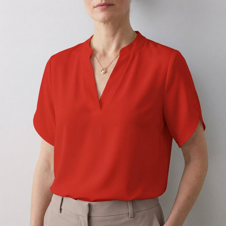 Duttini | Statement Dionne Relaxed V-Neck Blouse With Band Collar And Split Sleeves