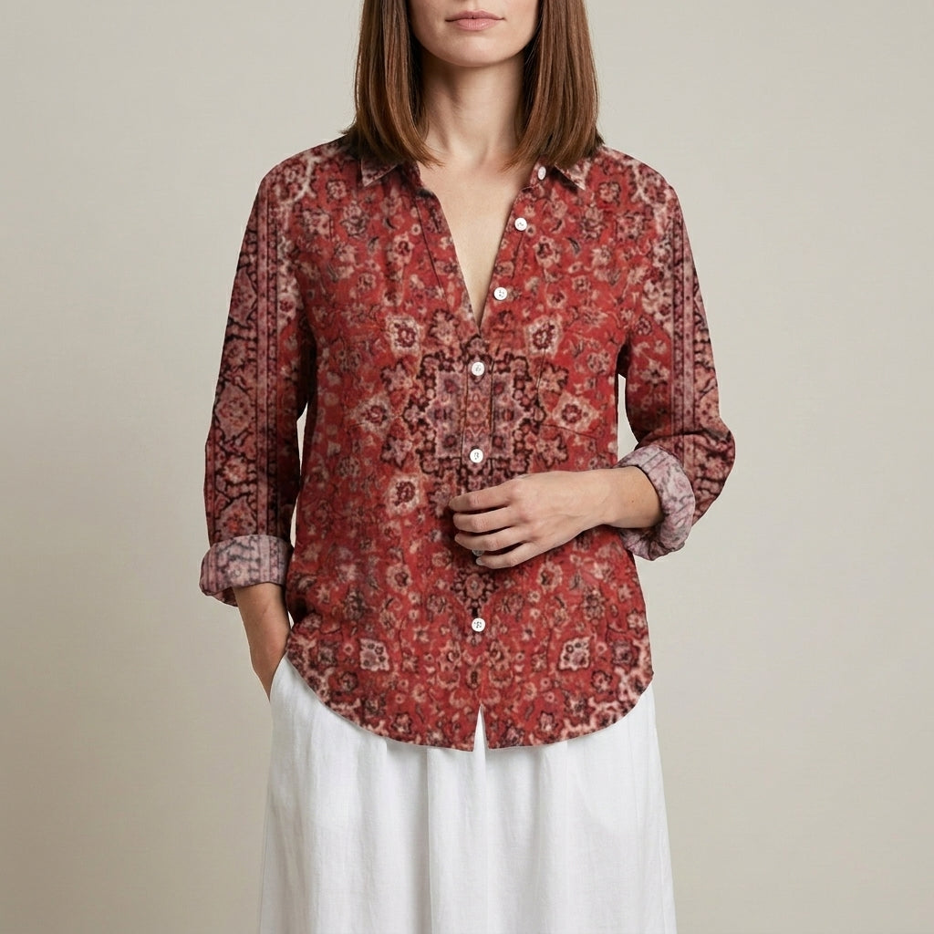 Duttini | Sophisticated Botanical Print Relaxed Blouse With Embroidered V-Neck Detail