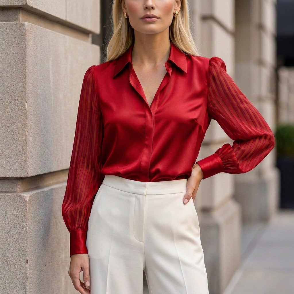 Duttini | Refined Tailored Polo Collar Blouse With Sheer Striped Balloon Sleeves