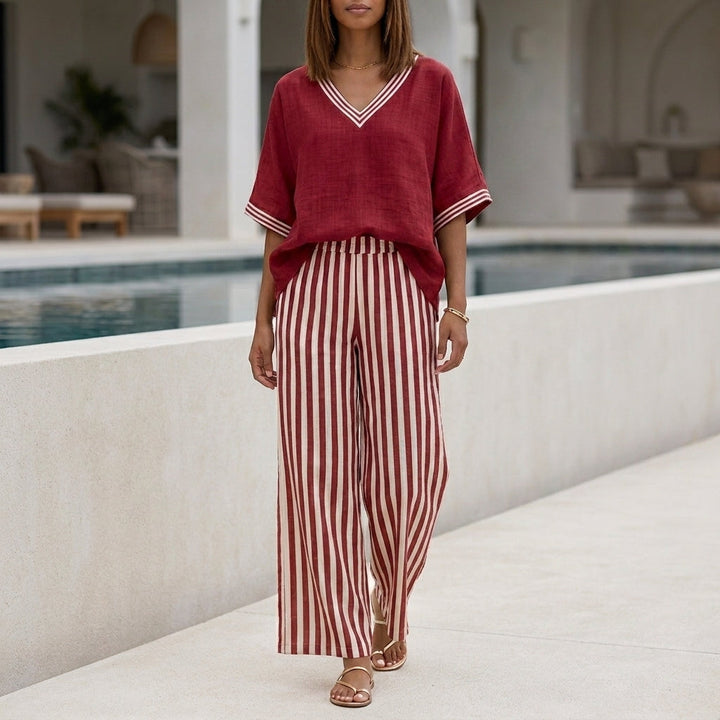 Duttini | Sculpted Relaxed V-Neck Two-Piece Set With Wide-Leg Striped Trousers