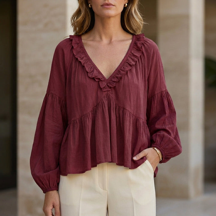 Duttini | Elegant Ruffle Trim V-Neck Peplum Blouse