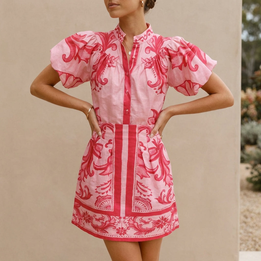 Duttini | Sculpted Puff Sleeve Button-Front Top And A-Line Mini Skirt Matching Set With Band Collar