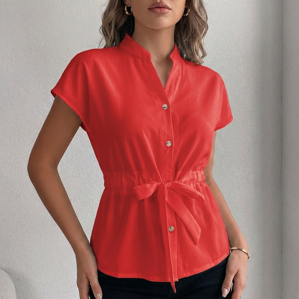 Duttini | Romantic Tie Waist Button Front Blouse For Effortless Chic