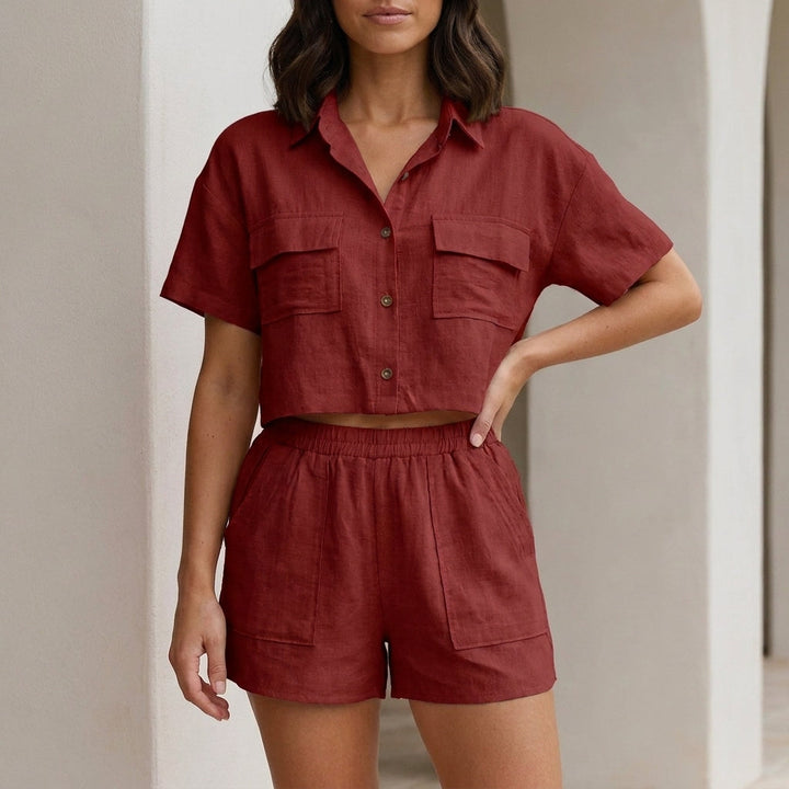 Duttini | Feminine Button Front Pocket Shirt And Shorts Lounge Set