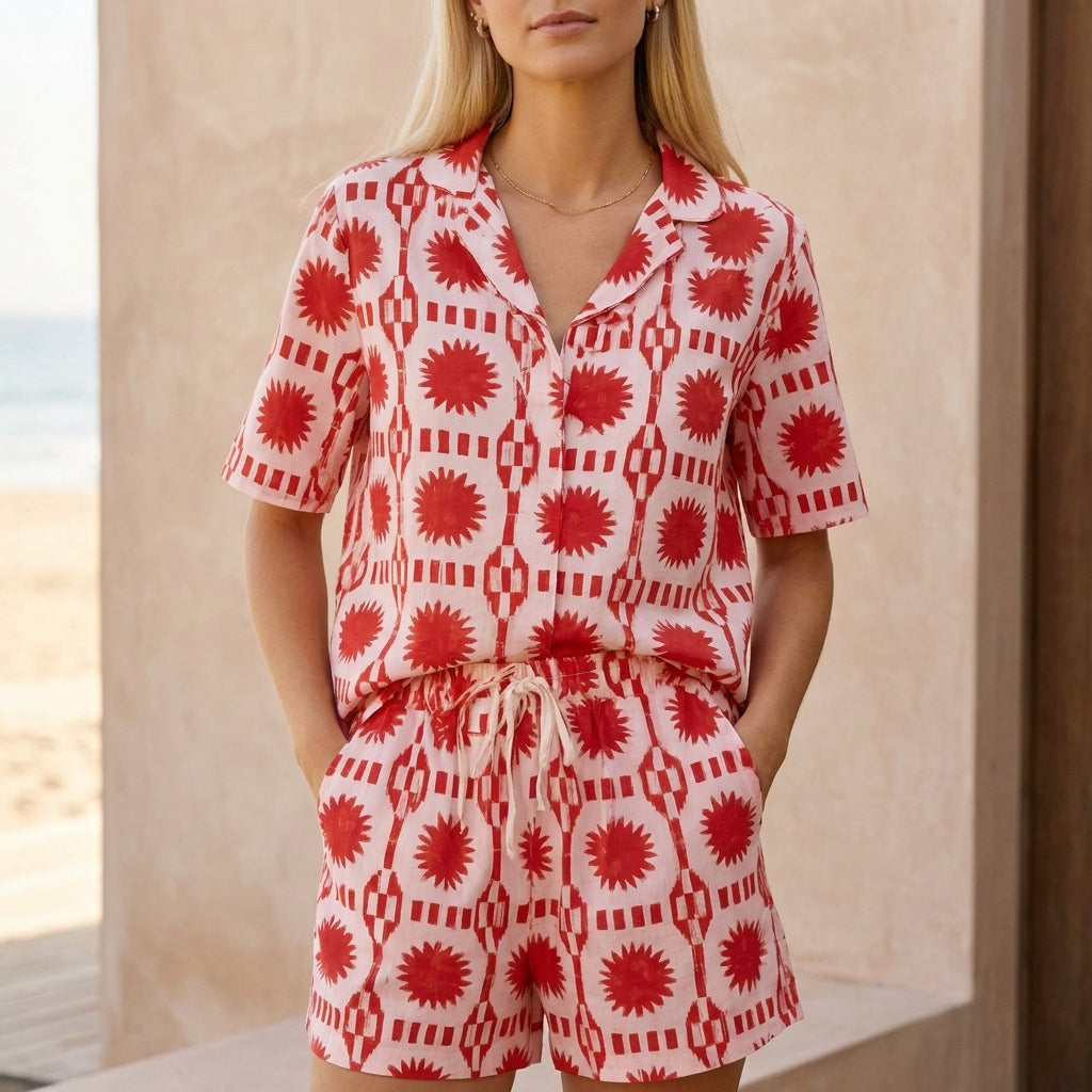 Duttini | Graceful Relaxed 2-Piece Set With Notched Collar And Bold Geometric Print