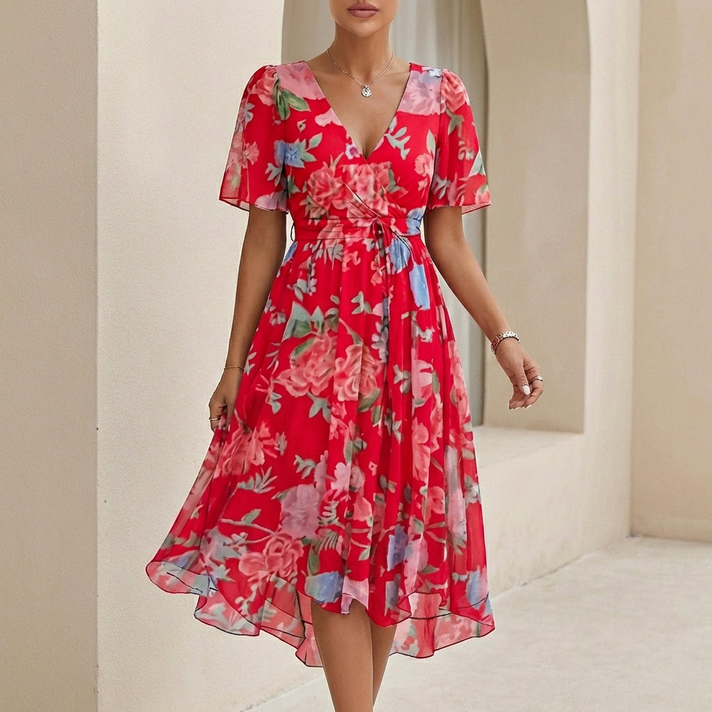 Duttini | Effortless Sofia Amoretti Flowing Chiffon Wrap Midi Dress With Tie Waist