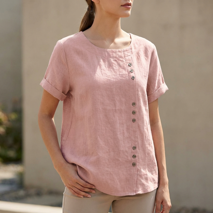 Duttini | Statement Relaxed Short Sleeve Blouse With Asymmetric Button Detail