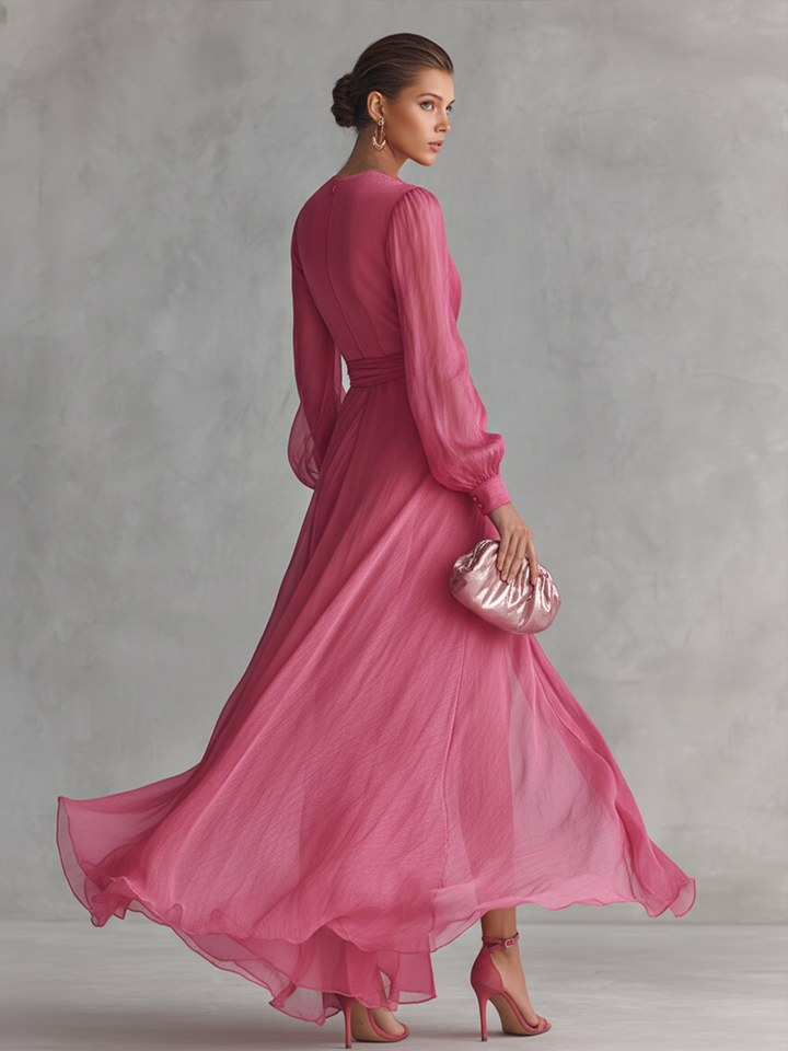 Duttini | Rose Pink Chiffon V-Neck Evening Dress