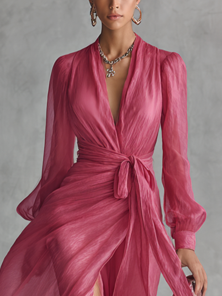 Duttini | Rose Pink Chiffon V-Neck Evening Dress