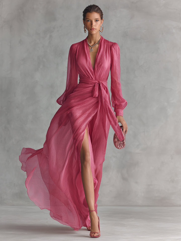 Duttini | Rose Pink Chiffon V-Neck Evening Dress
