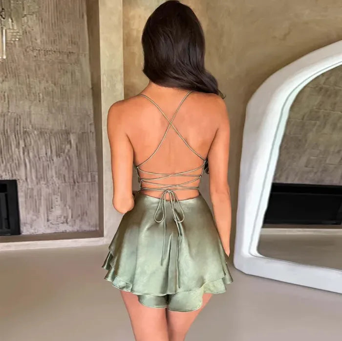 Duttini | Satin Flare Cowl Neck Romper Dress
