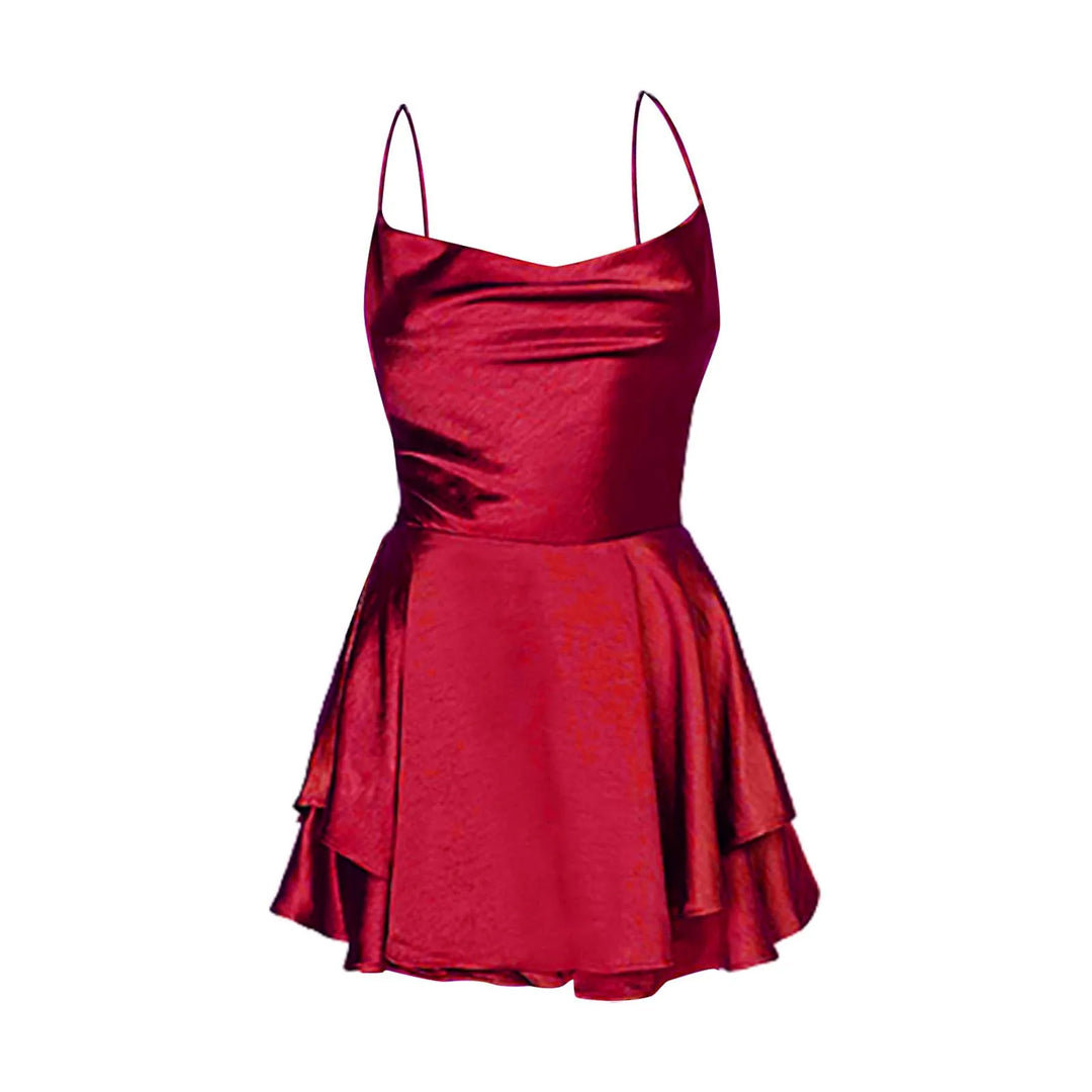Duttini | Satin Flare Cowl Neck Romper Dress