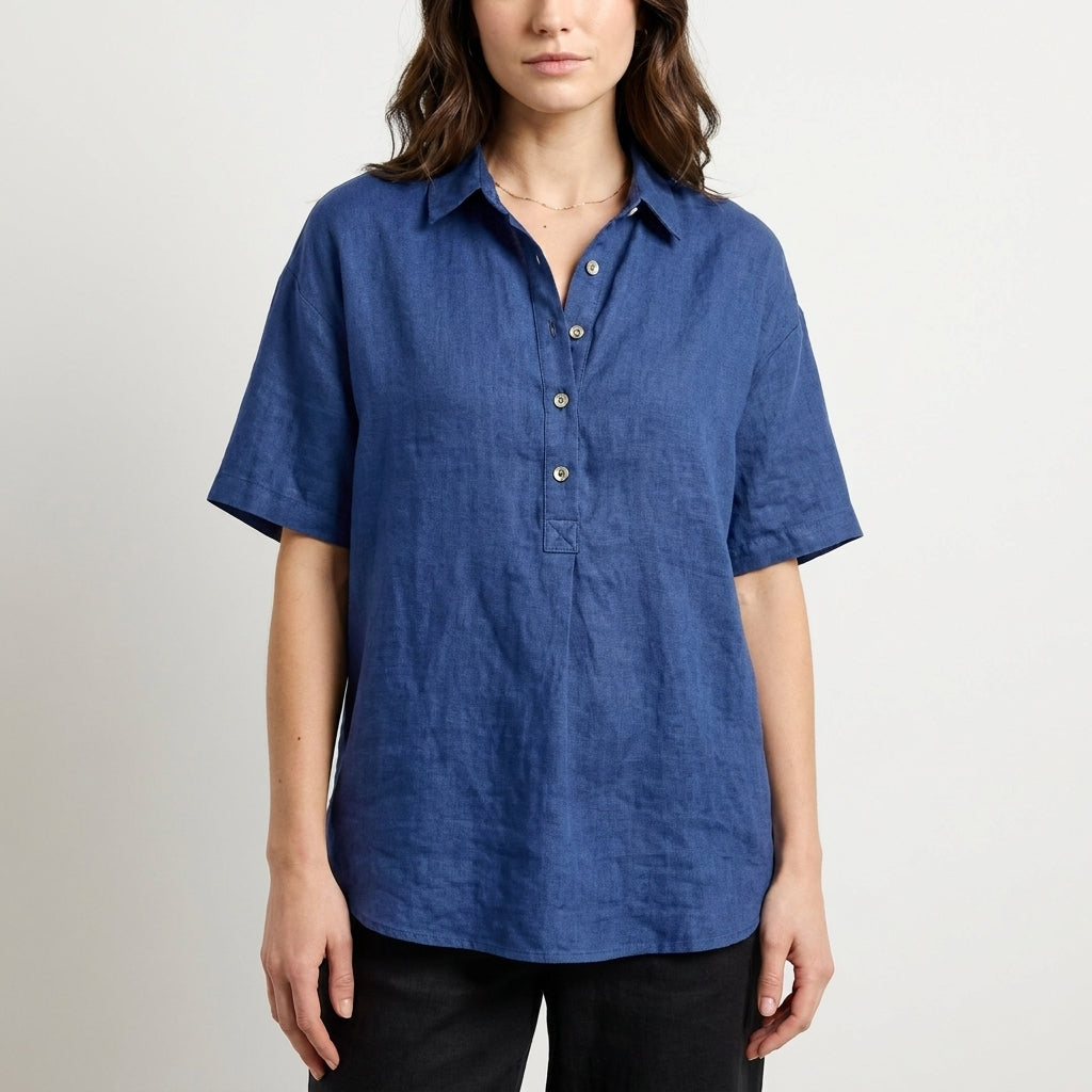 Duttini | Elegant Relaxed Button Front Collared Short Sleeve Blouse