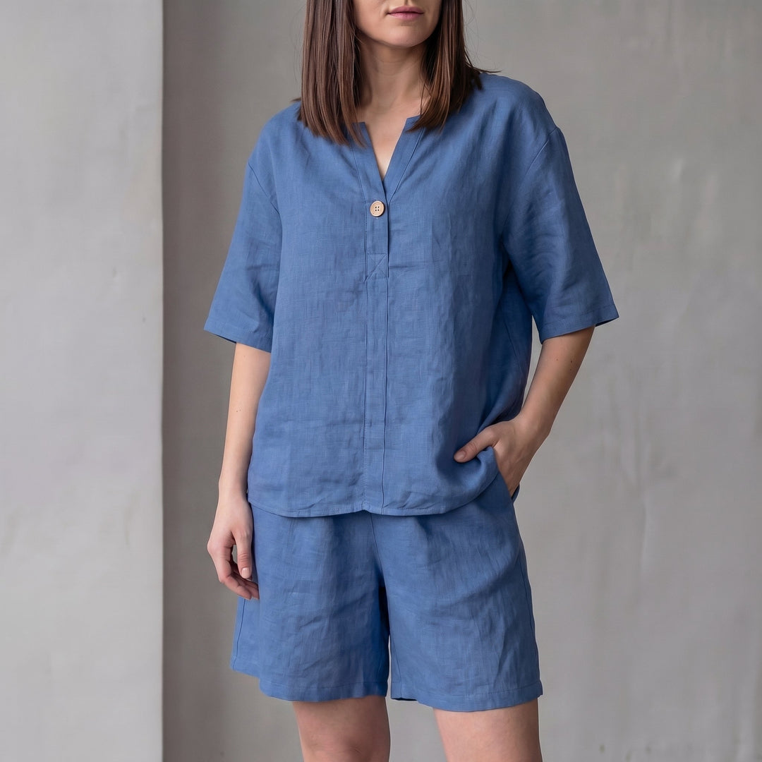 Duttini | Luxe Oversized Woven Two-Piece Set With V-Neck Shirt And High-Waist Shorts