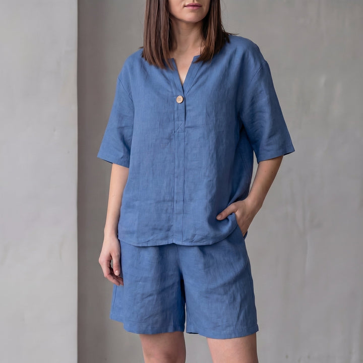 Duttini | Luxe Oversized Woven Two-Piece Set With V-Neck Shirt And High-Waist Shorts