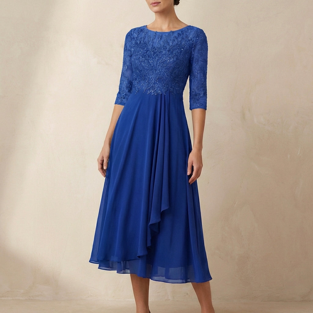 Duttini | Elegant Embroidered A-Line Midi Dress With Sheer Sleeves And Pockets