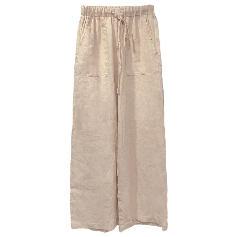 Duttini | Linen Drawstring Straight Pants for Women in Beige
