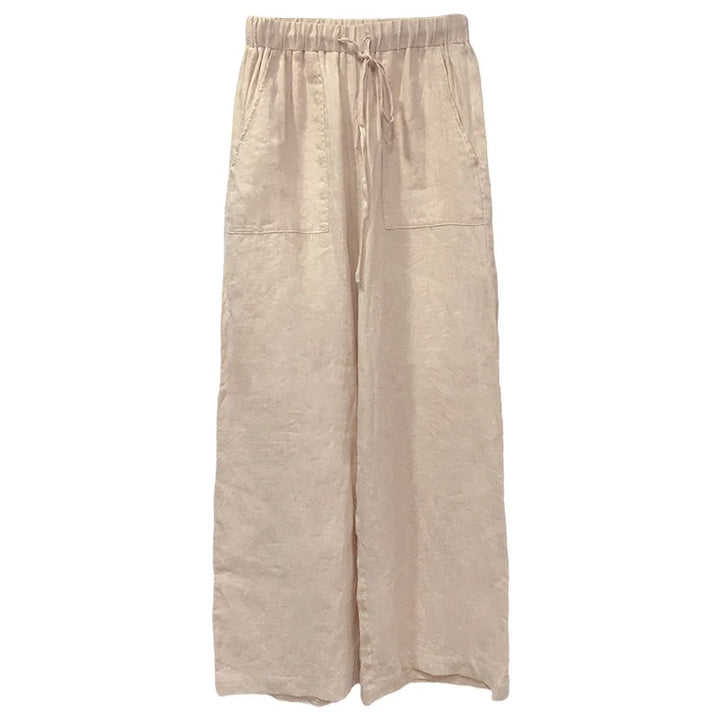 Duttini | Linen Drawstring Straight Pants for Women in Beige