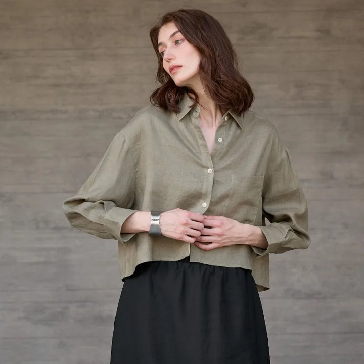Duttini | Cropped Long Sleeve Linen Shirt for Women in White