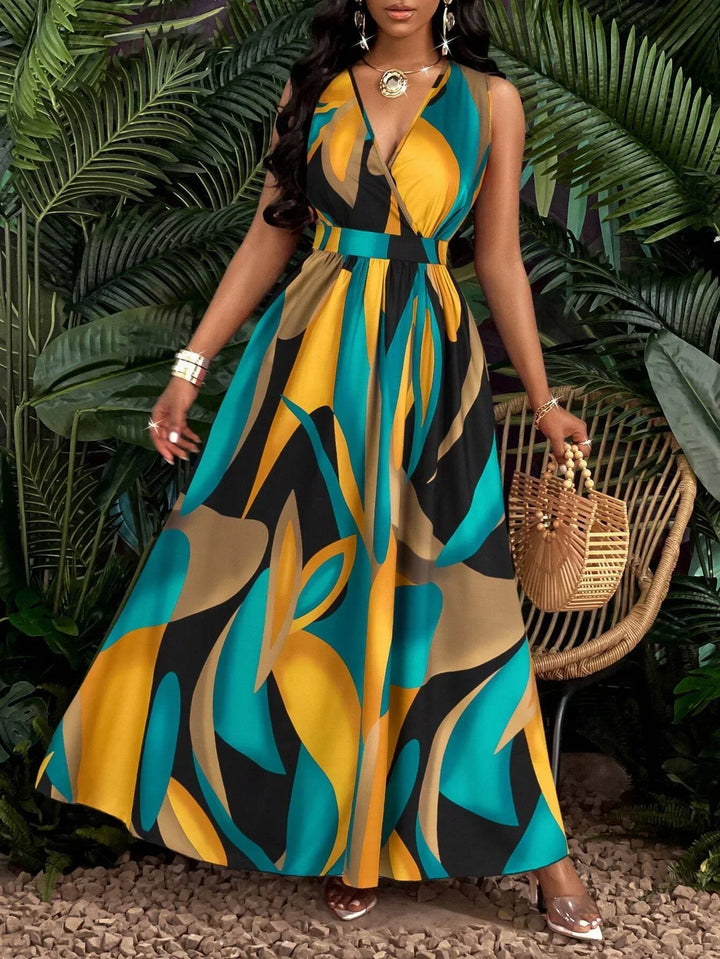 Duttini | Sculpted V-Neck Sleeveless Abstract Print Maxi Dress