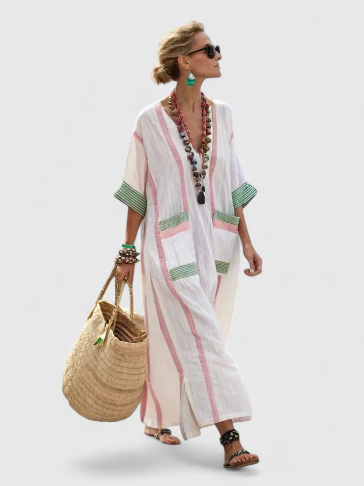 Duttini | Graceful V-Neck Kaftan Maxi Dress With Stripe Detail