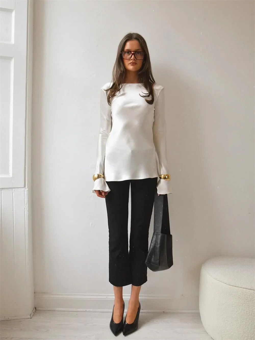 Duttini | Satin Long Sleeve Bell Cuff Top for Women in Elegant Style