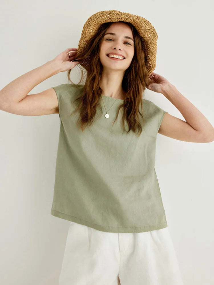 Duttini | Linen Tee for Women with Petal Sleeves in White