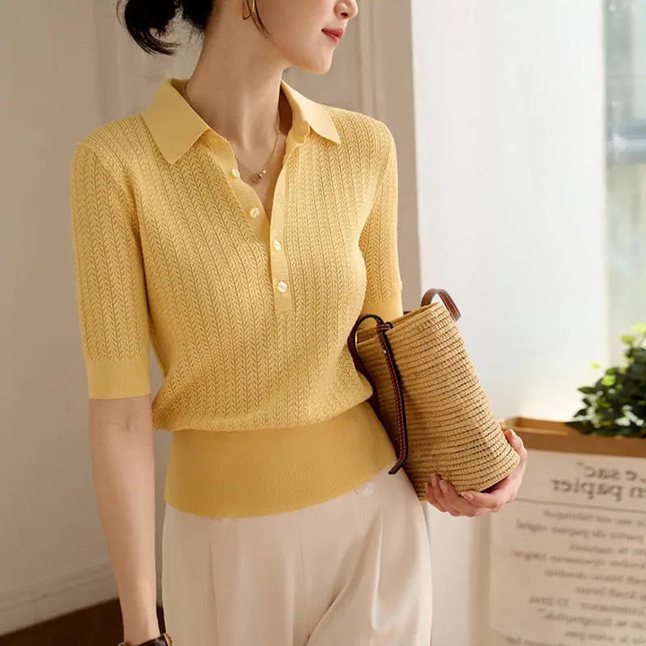 Duttini | Ribbed Knit Polo Blouse for Women in Classic Color