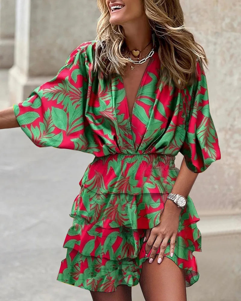 Duttini | Chic Printed Ruffle Mini Dress V-Neck Smocked Waist Boho Dress