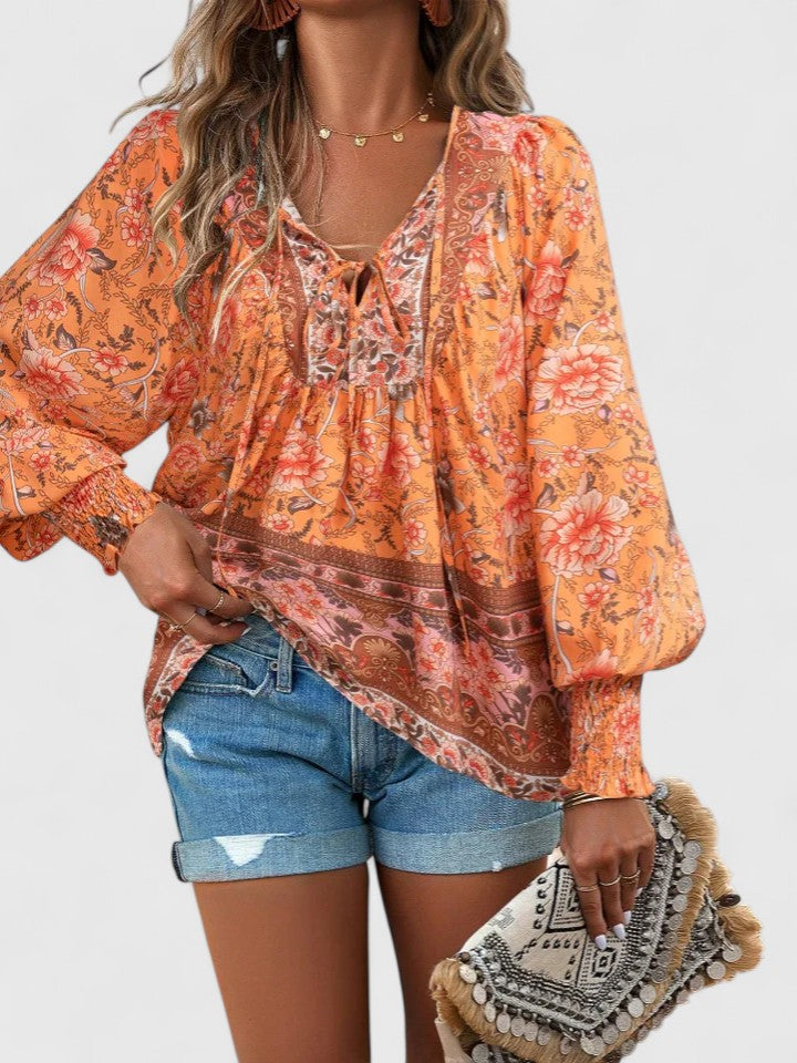 Duttini | Graceful Floral Boho Blouse V-Neck Puff Sleeve Top