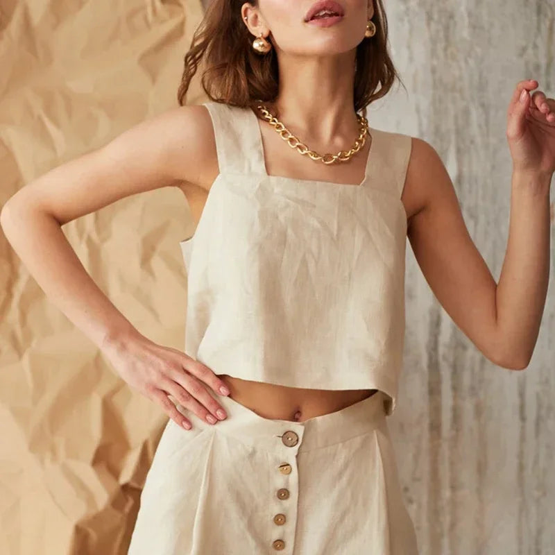 Duttini | Square Neck Linen Crop Tank