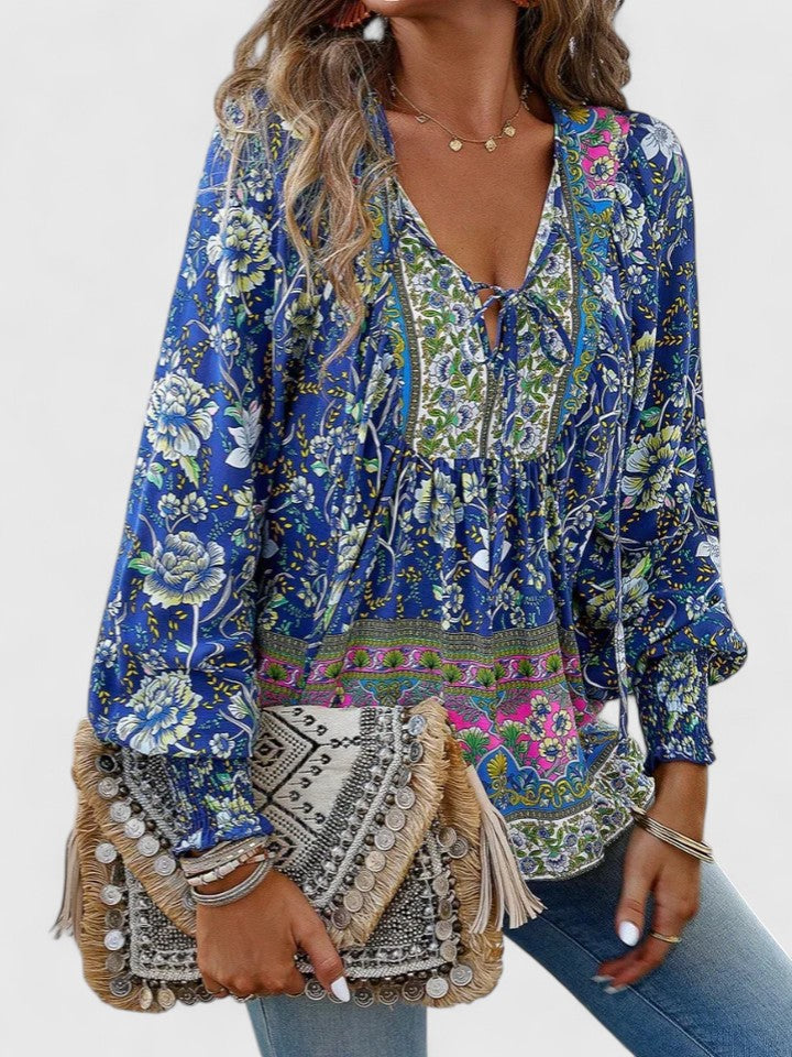 Duttini | Graceful Floral Boho Blouse V-Neck Puff Sleeve Top