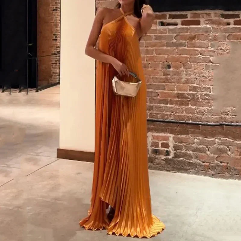 Duttini | Graceful Wedding Guest Pleated Halter Maxi Dress Evening