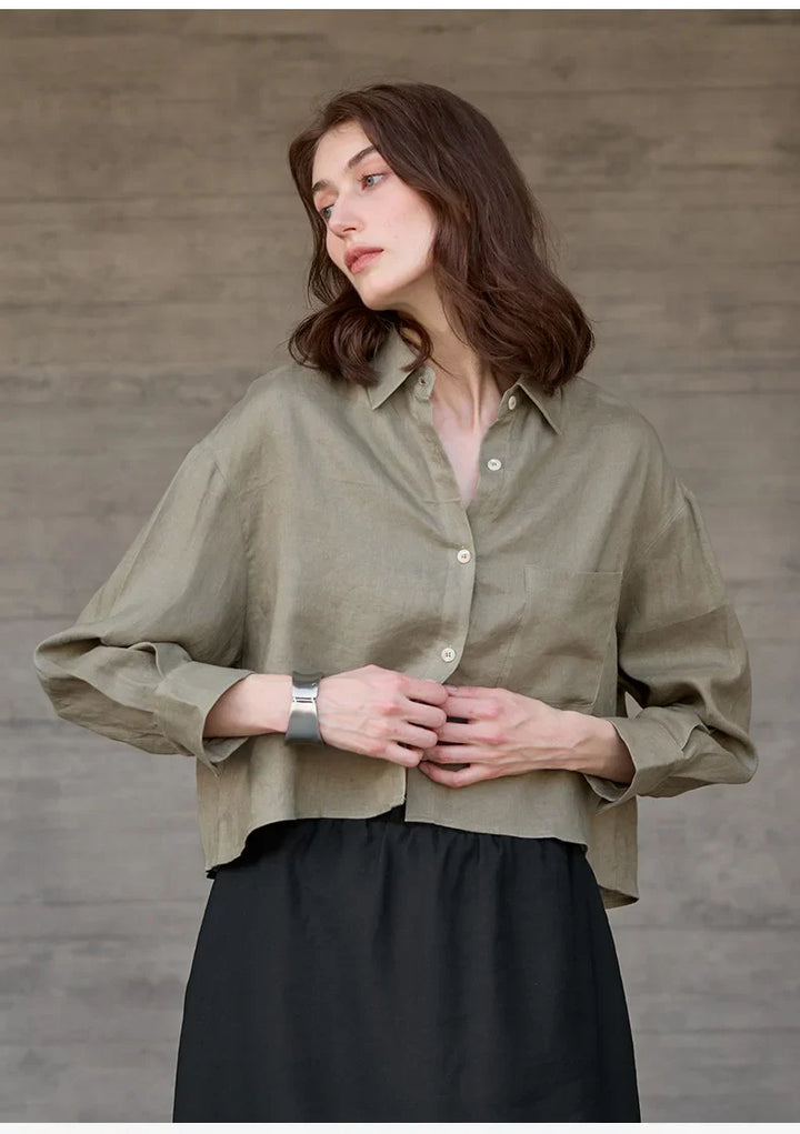 Duttini | Cropped Long Sleeve Linen Shirt for Women in White