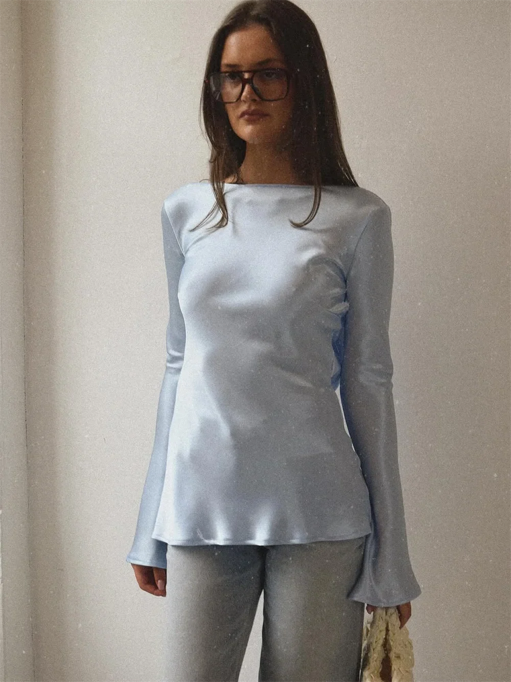 Duttini | Satin Long Sleeve Bell Cuff Top for Women in Elegant Style