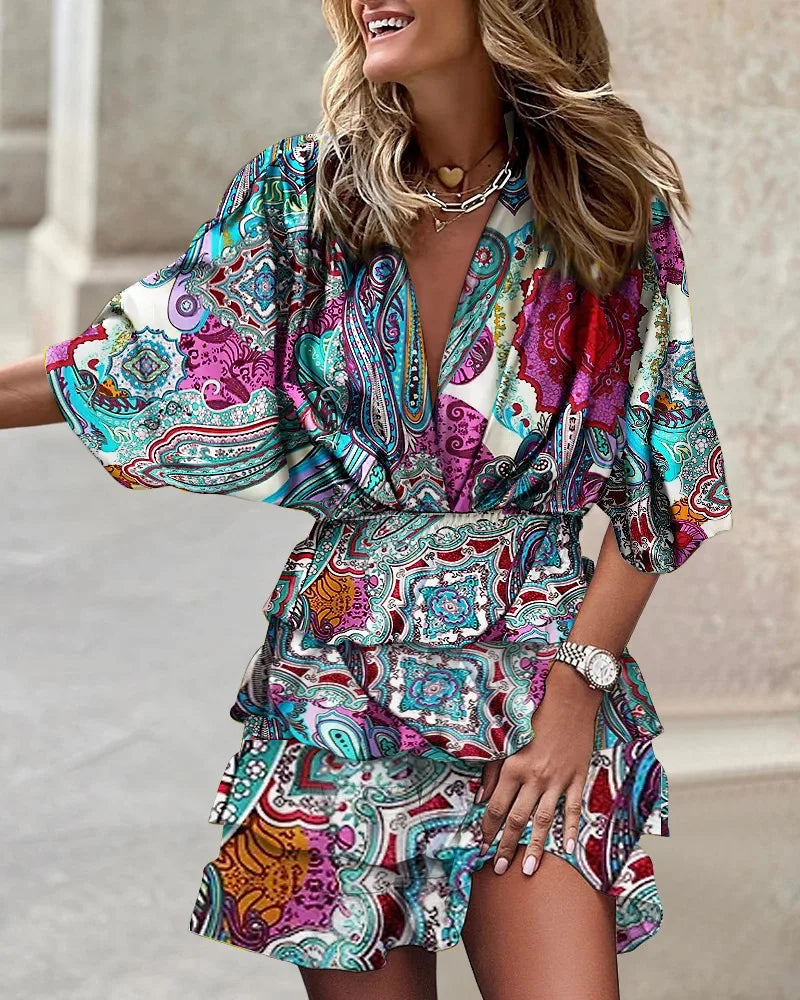 Duttini | Chic Printed Ruffle Mini Dress V-Neck Smocked Waist Boho Dress