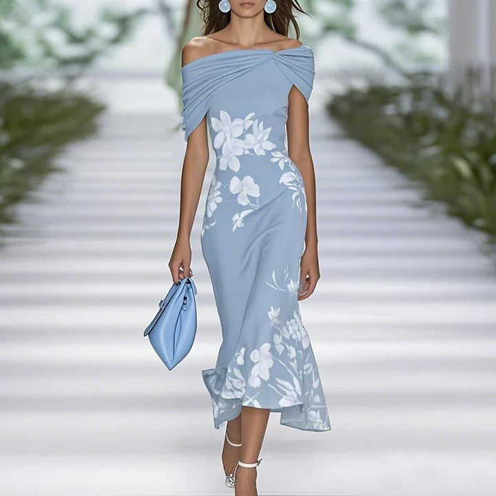 Duttini | Romantic Fitted Off-Shoulder Mermaid Midi Dress With Draped Neckline And Floral Pattern